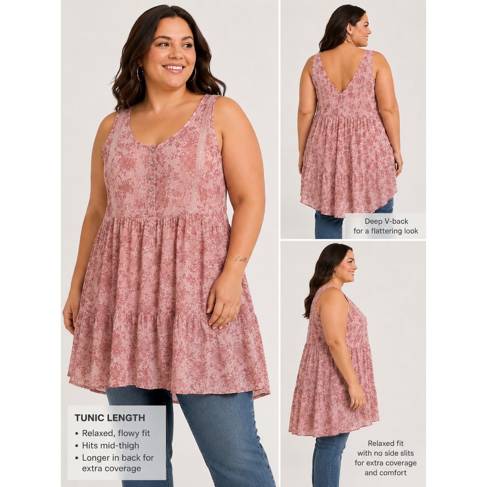 Torrid Pink Floral Rose Tiered Sleeveless Tunic Top Lace Trim Size 1 Plus Womens